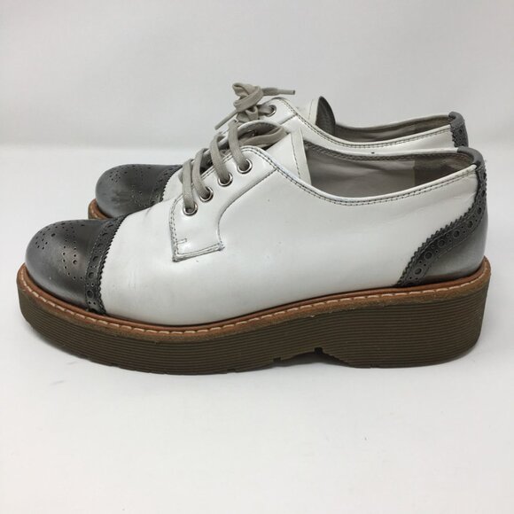 Prada Lace Up Platform Leather Brogue Shoes White leather Silver Toe Womens 39 - Picture 4 of 15